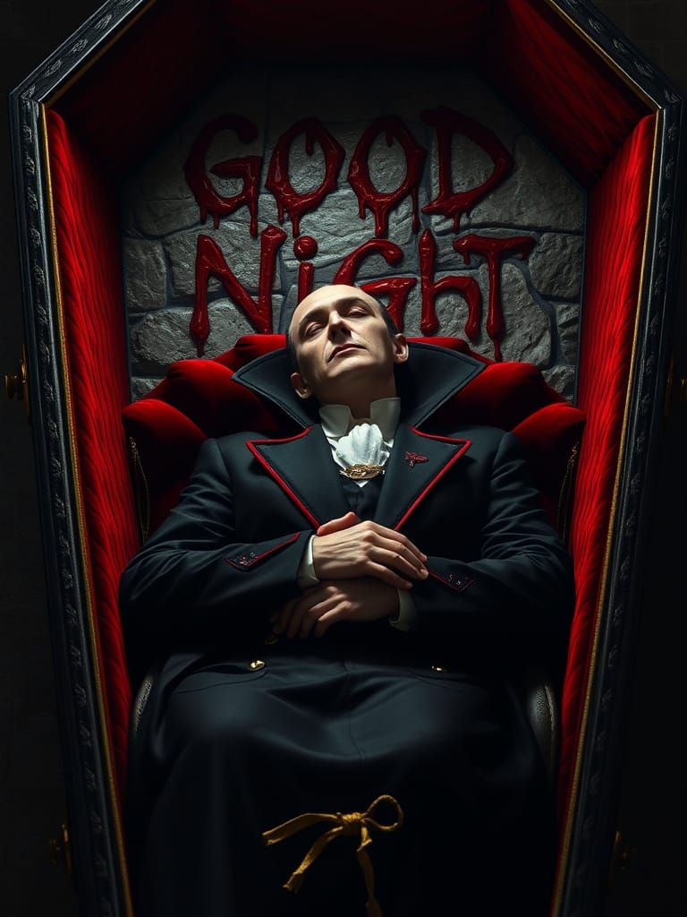 Count Dracula in Lavish Black Coffin with Golden Filigree