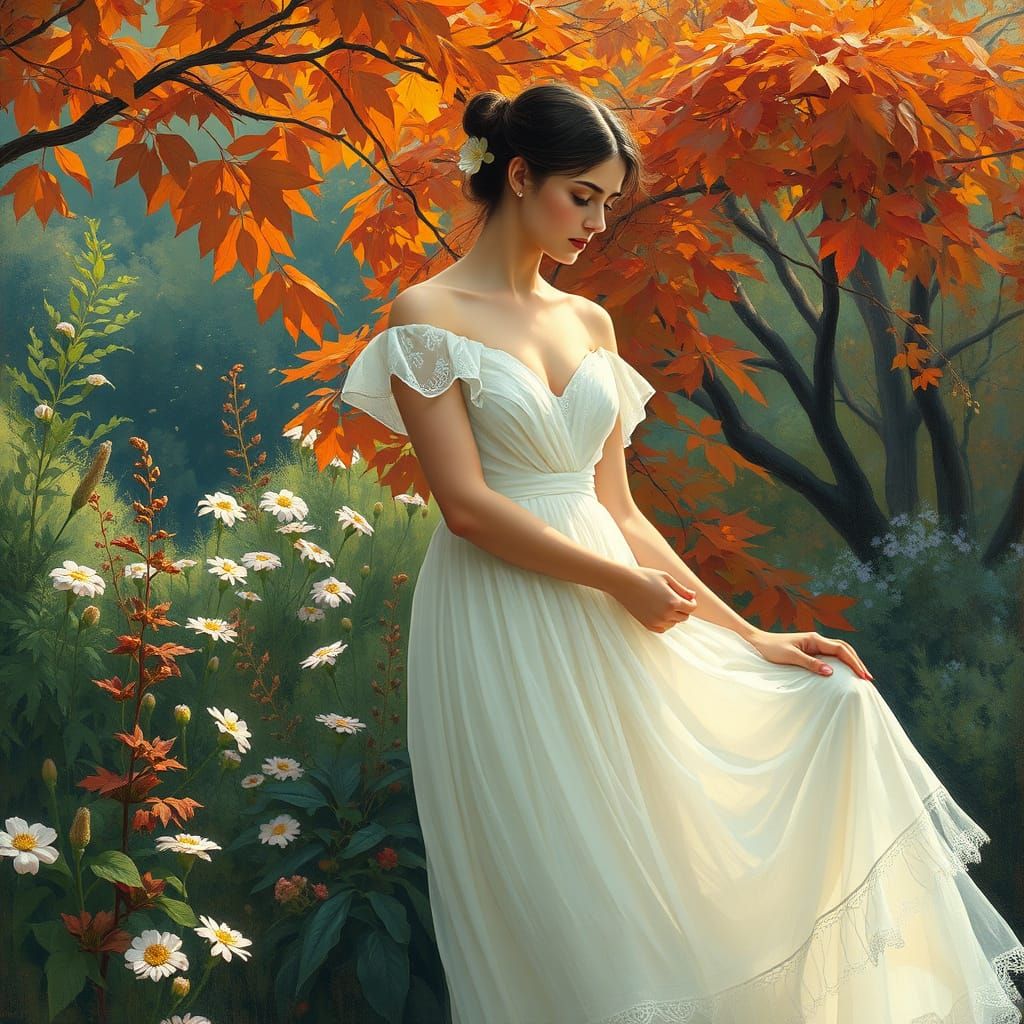 Serene Woman Surrounded by Autumnal Beauty as Romantic Paint...
