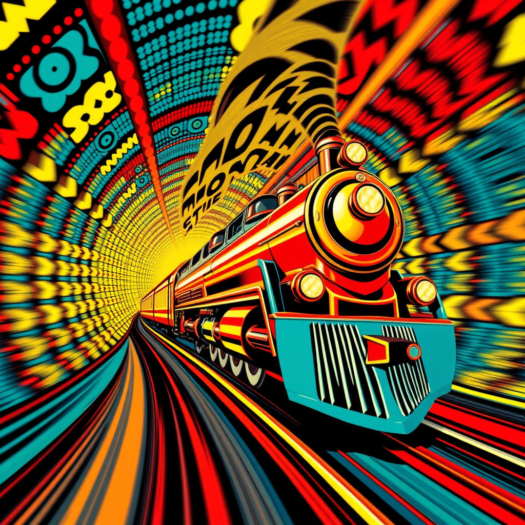 Infinite Train Speeds Through Op Art Deco Tunnel