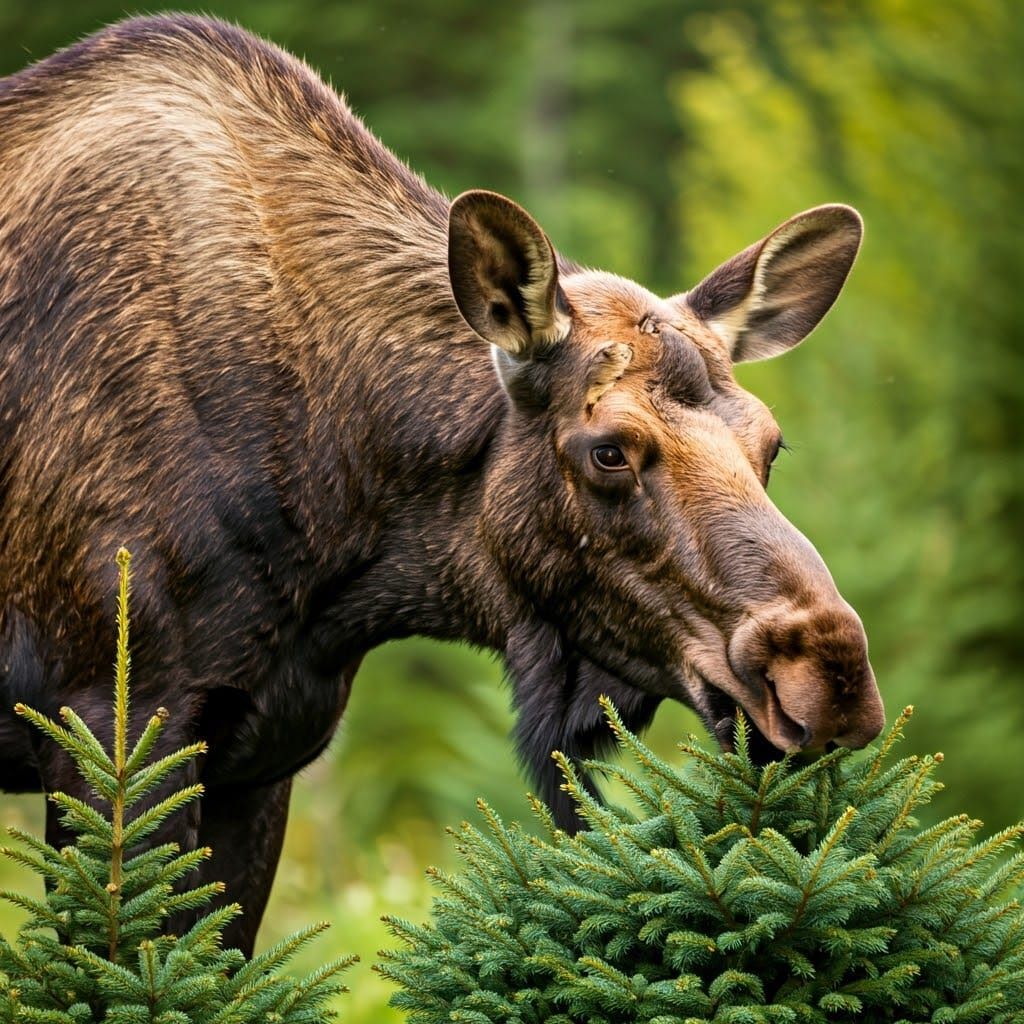 Majestic Moose Eating Spruce Plants