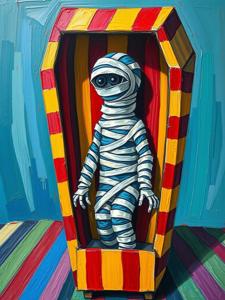 Vibrant Striped Mummy Escapes Whimsical Coffin