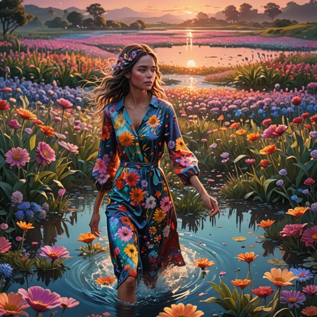 Woman in a Magical Flower Field at Dawn