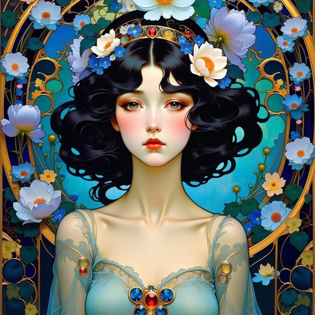Enchanting Art Nouveau Portrait of Dark Haired Beauty