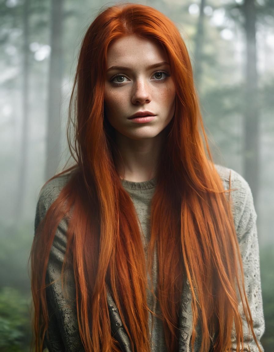 Woman with Vibrant Red Hair Standing in a Misty Forest