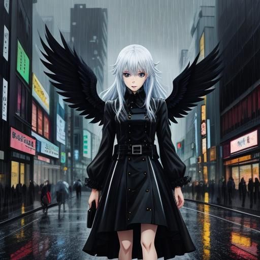 Anime-Style Black Angel in Rainy City