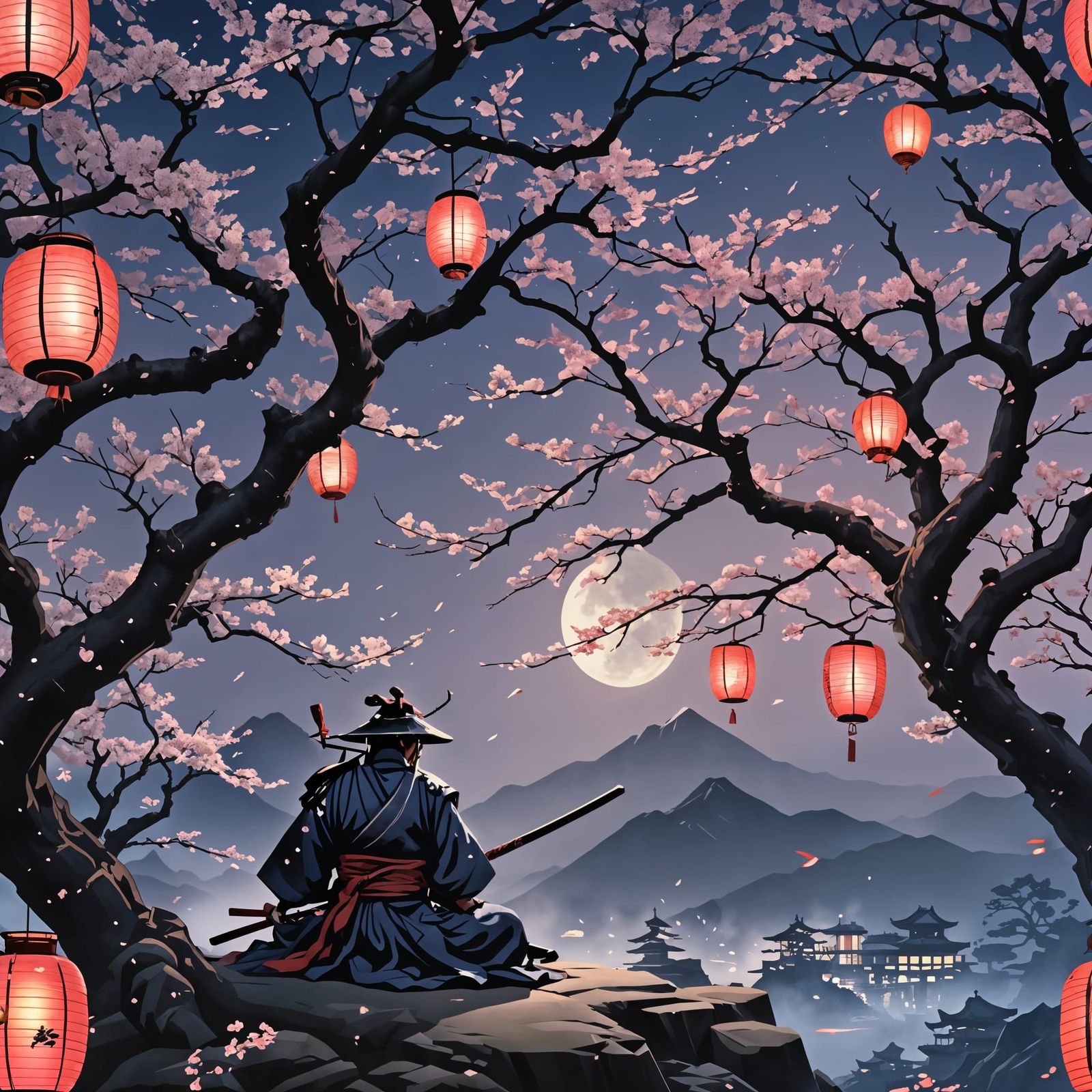 Surreal Samurai Finds Peace Amidst Blooming Sakura
