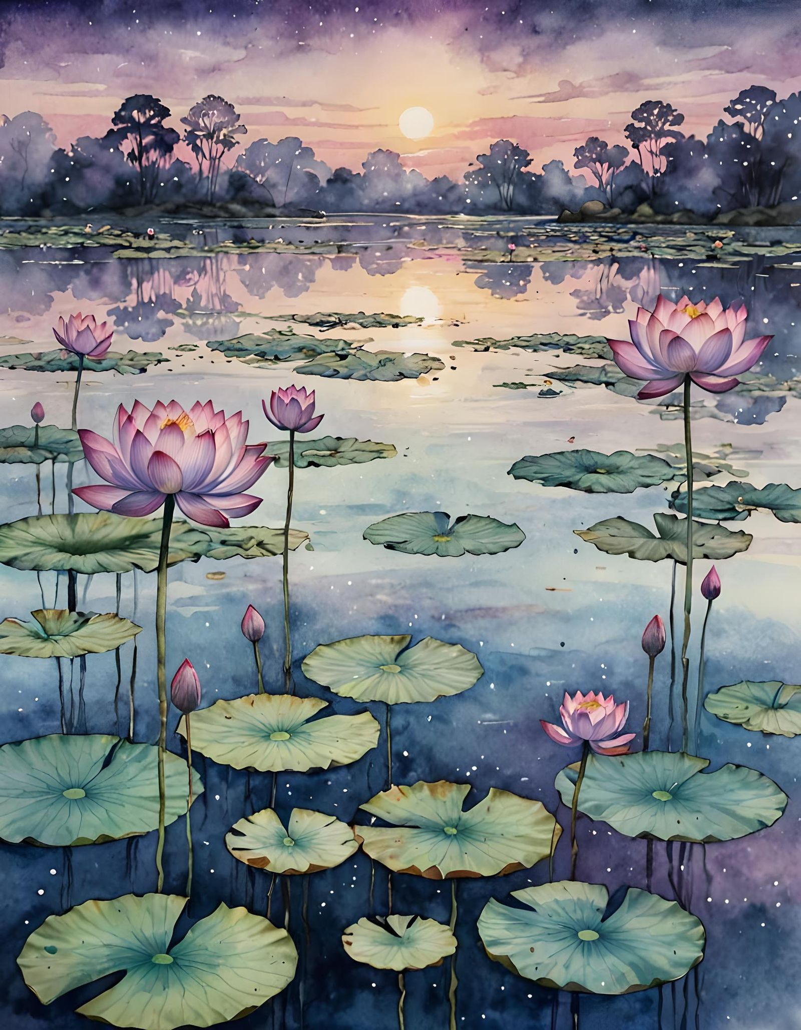 Mystical Lotus Pond at Twilight: Watercolor Painting