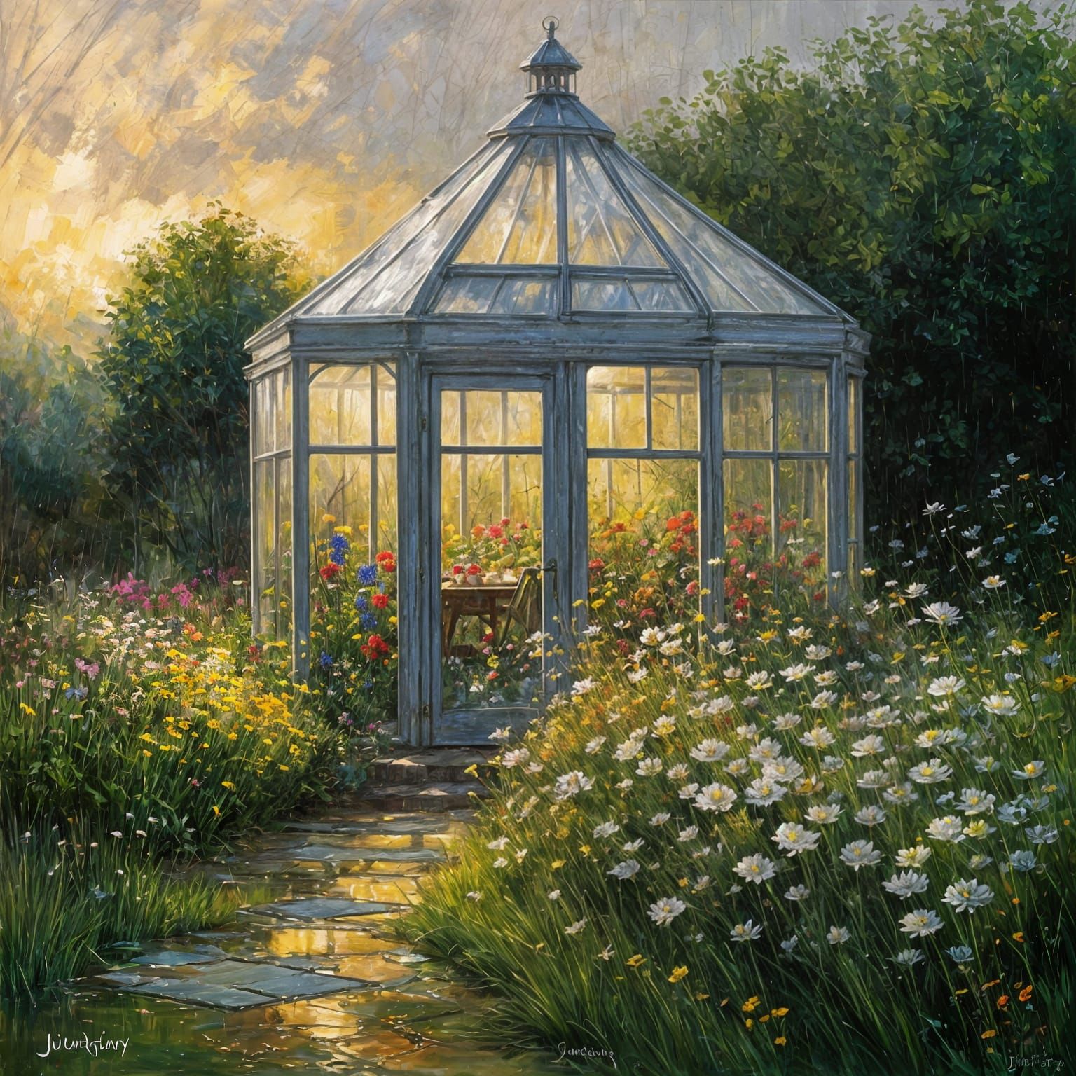 Cozy Greenhouse Haven in Flower Meadow with Warm Lanterns