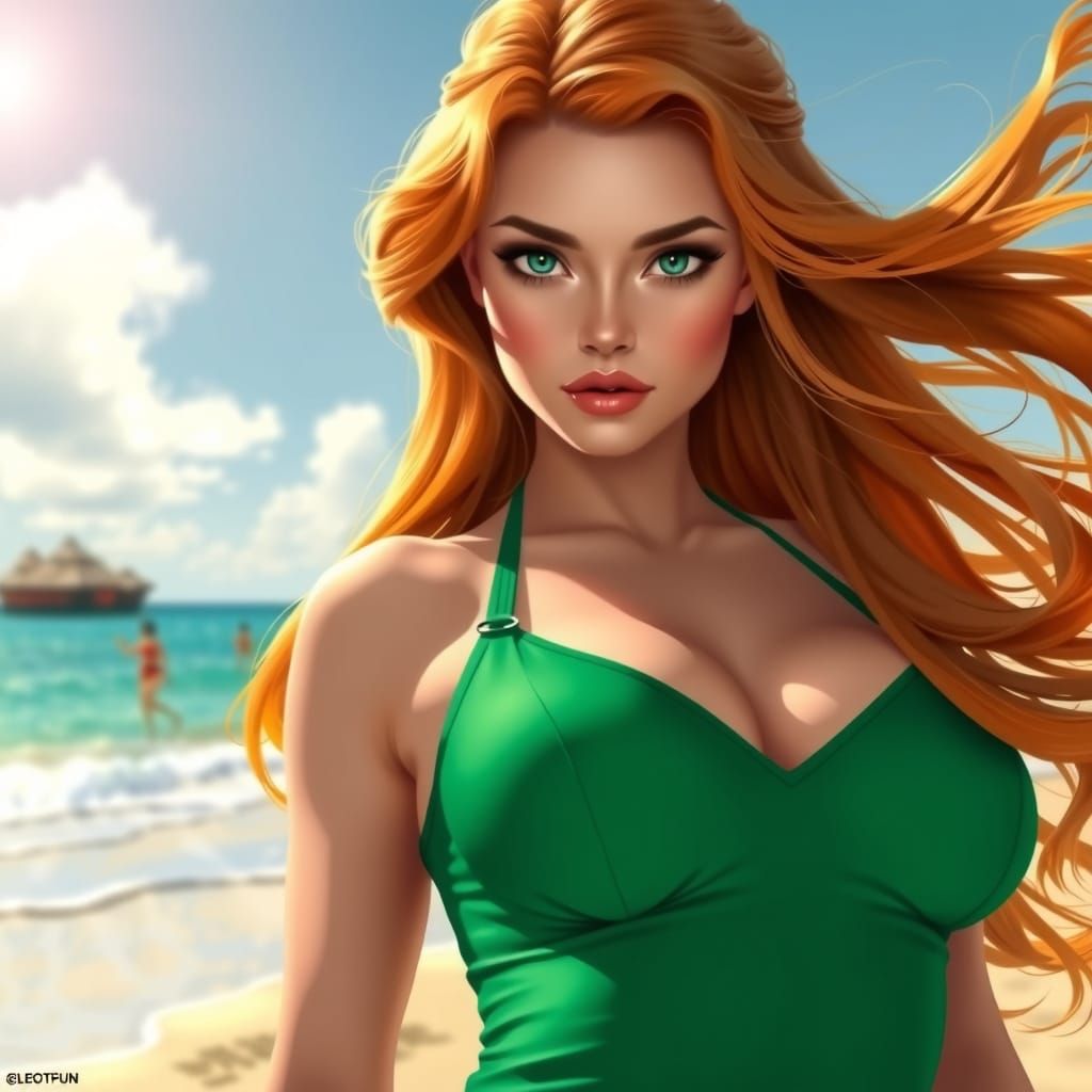 Pin-Up Girl Posing on Sun-Kissed Beach