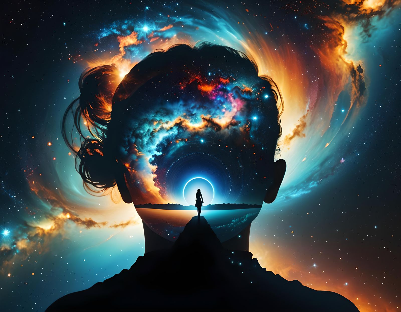 Double Exposure: Woman and Vast Universe