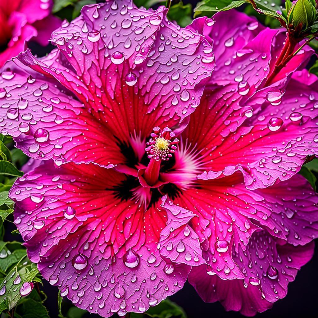Hibiscus Bloom with Dew Drops Macro Photography
