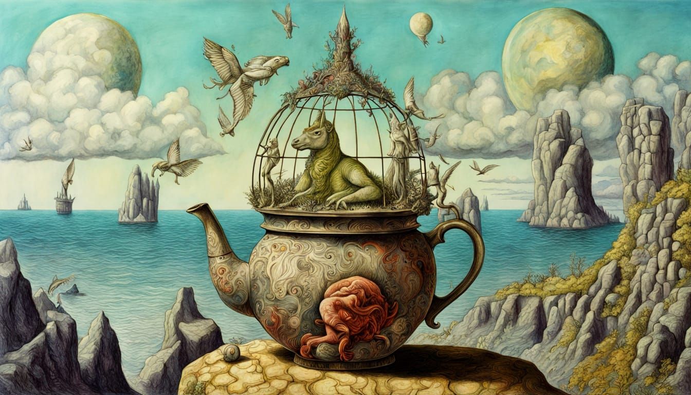 Surreal Unicorn in Teapot Cage Held by Aphrodite