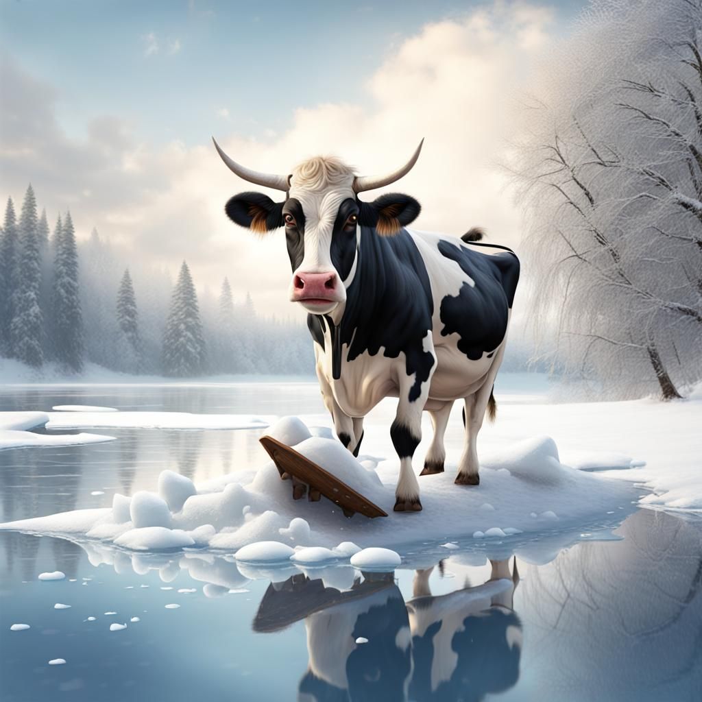 Funny Cow Pushes Snow on Icy Lake