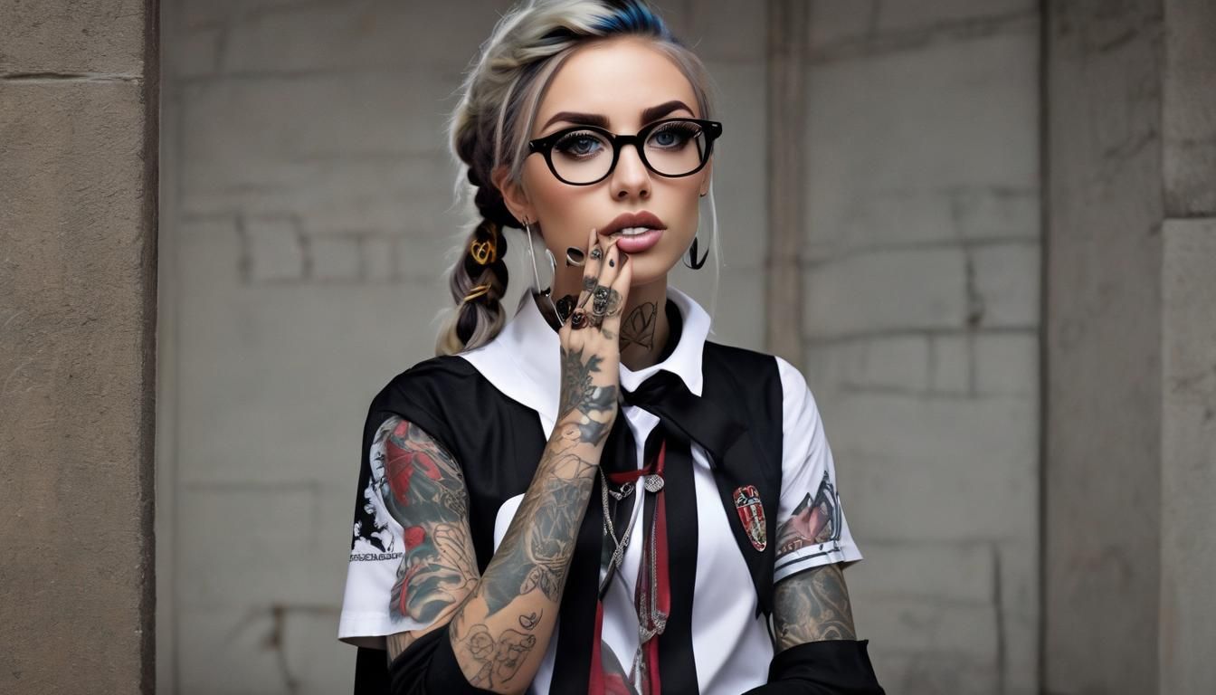 (Split Personality Split Portrait (((Beautiful  Catholic School Girl With Glasses In Her Uniform))) (((Beautiful Voluptu...