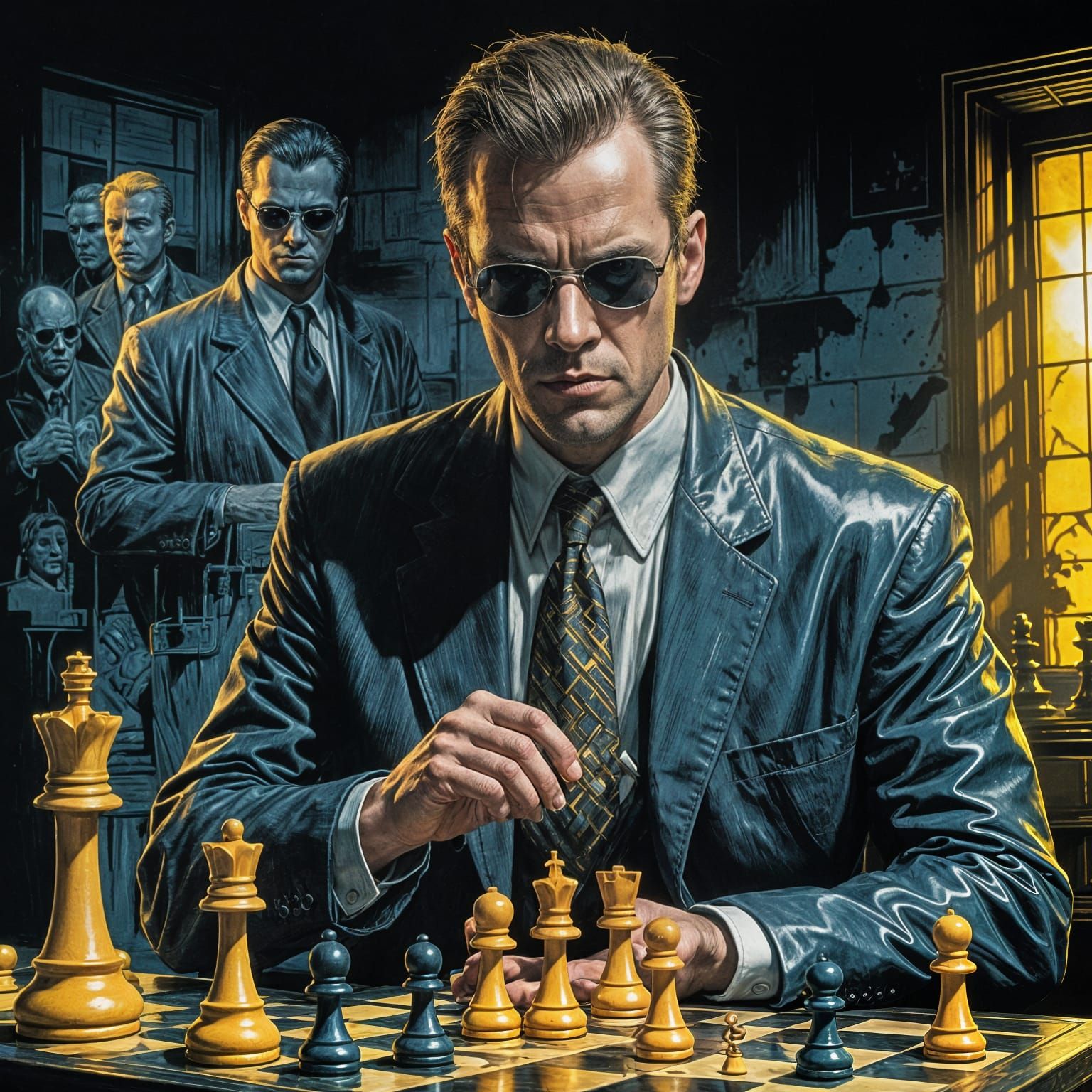 Agent Smith Chess Game in Hellblazer Comic Style