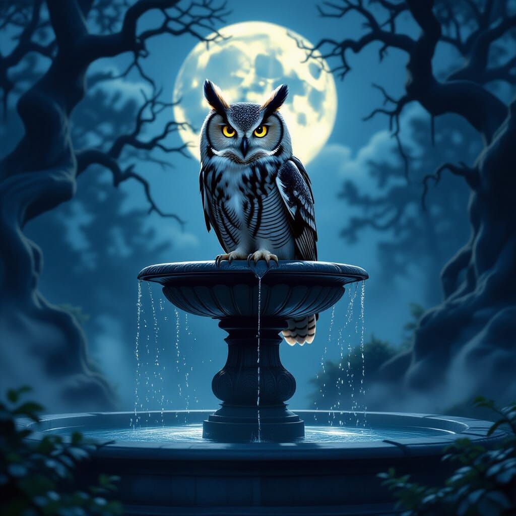 Moonlit Owl on Fountain in Gothic Forest