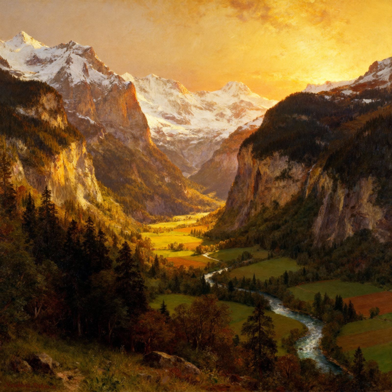 Golden Hour Valley Landscape in Rich, Painterly Style
