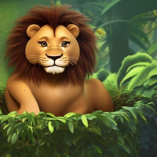 Lion in Nest with Mouse, 3D Digital Art