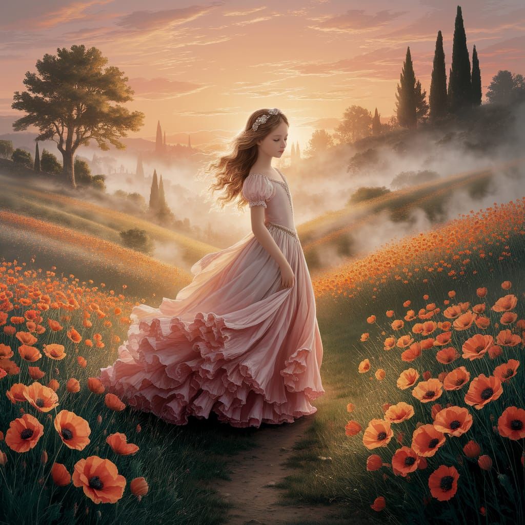 Ethereal Girl in Poppy Field: Kinkade-Inspired Oil Painting