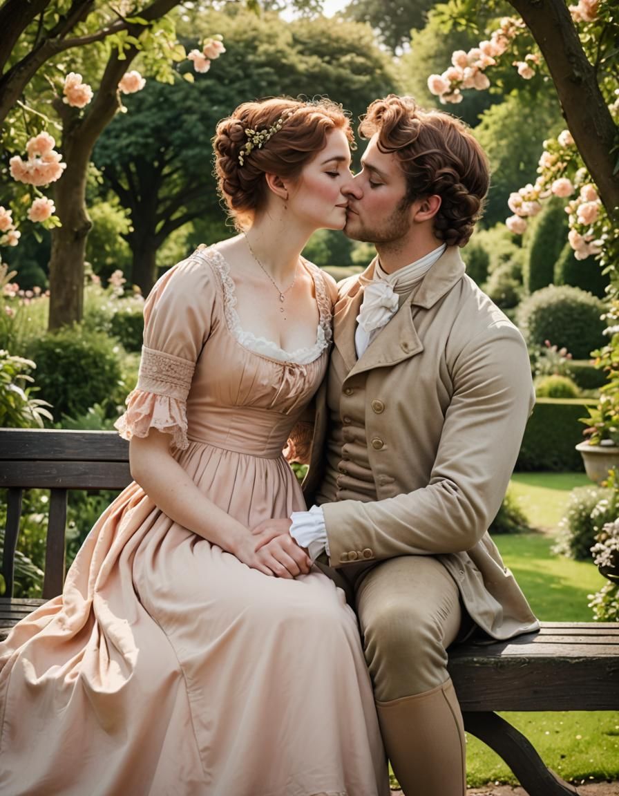 Regency Woman Kisses Man in Garden Portrait