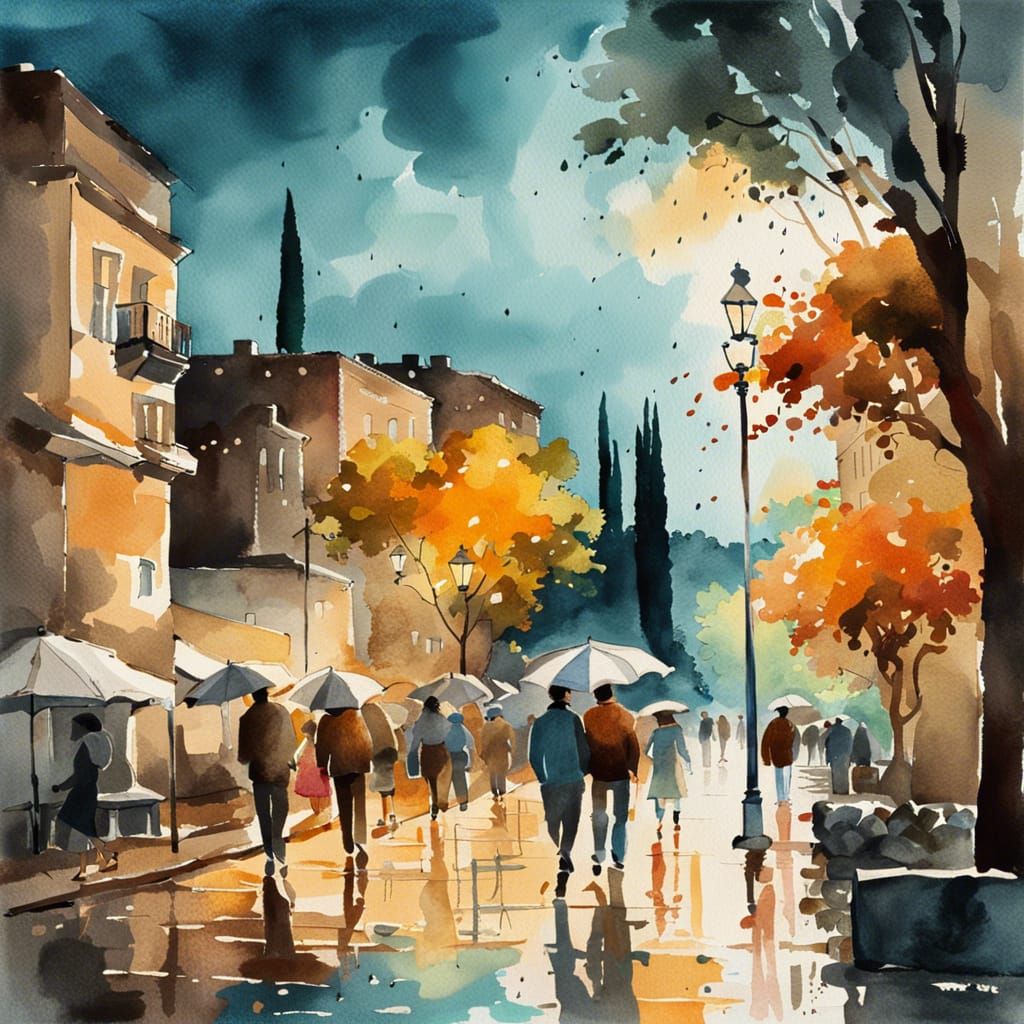 Bodrum Park Watercolor Painting on a Rainy Evening