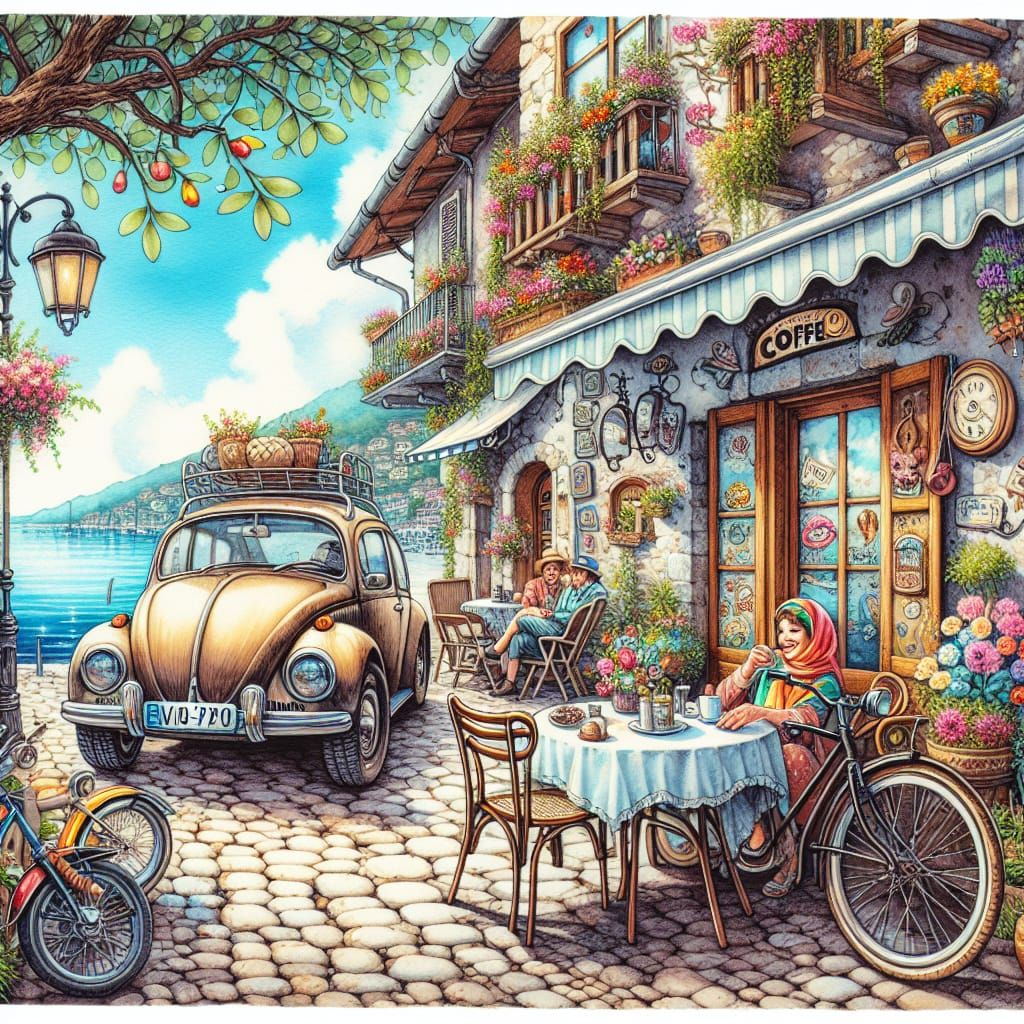 Idyllic Italian Seaside Village in Folk Art Style