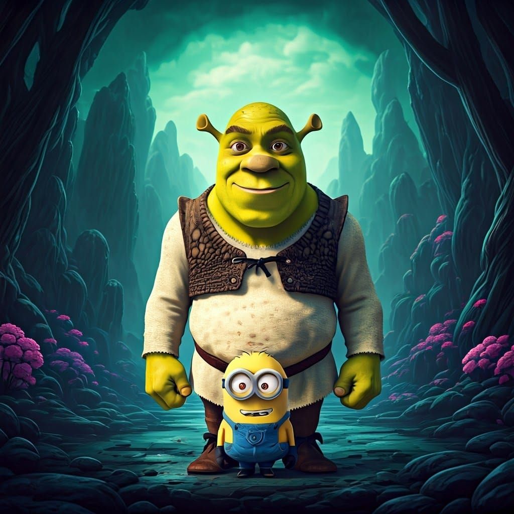 Shrek Minion Mashup in a Fantastical Landscape