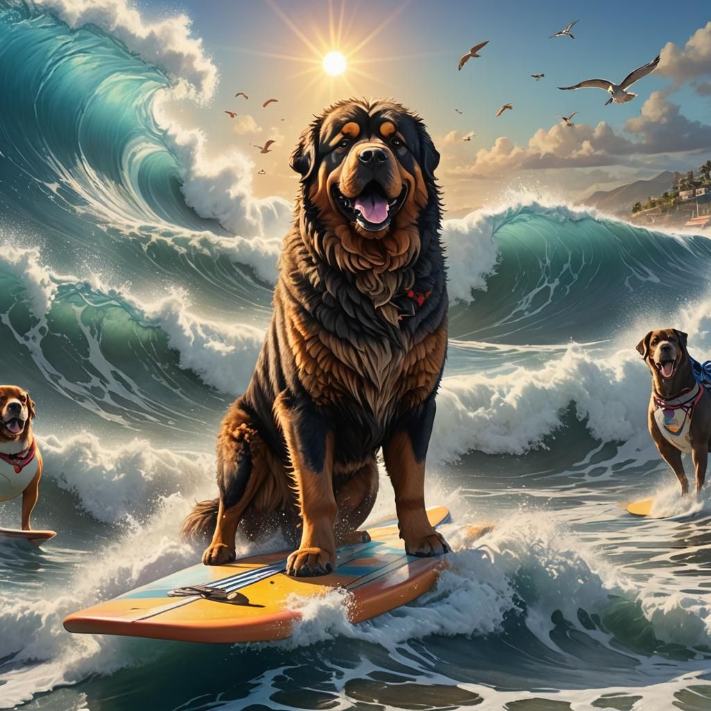 Tibetan Mastiff Surfing: 3D Anime Concept Art