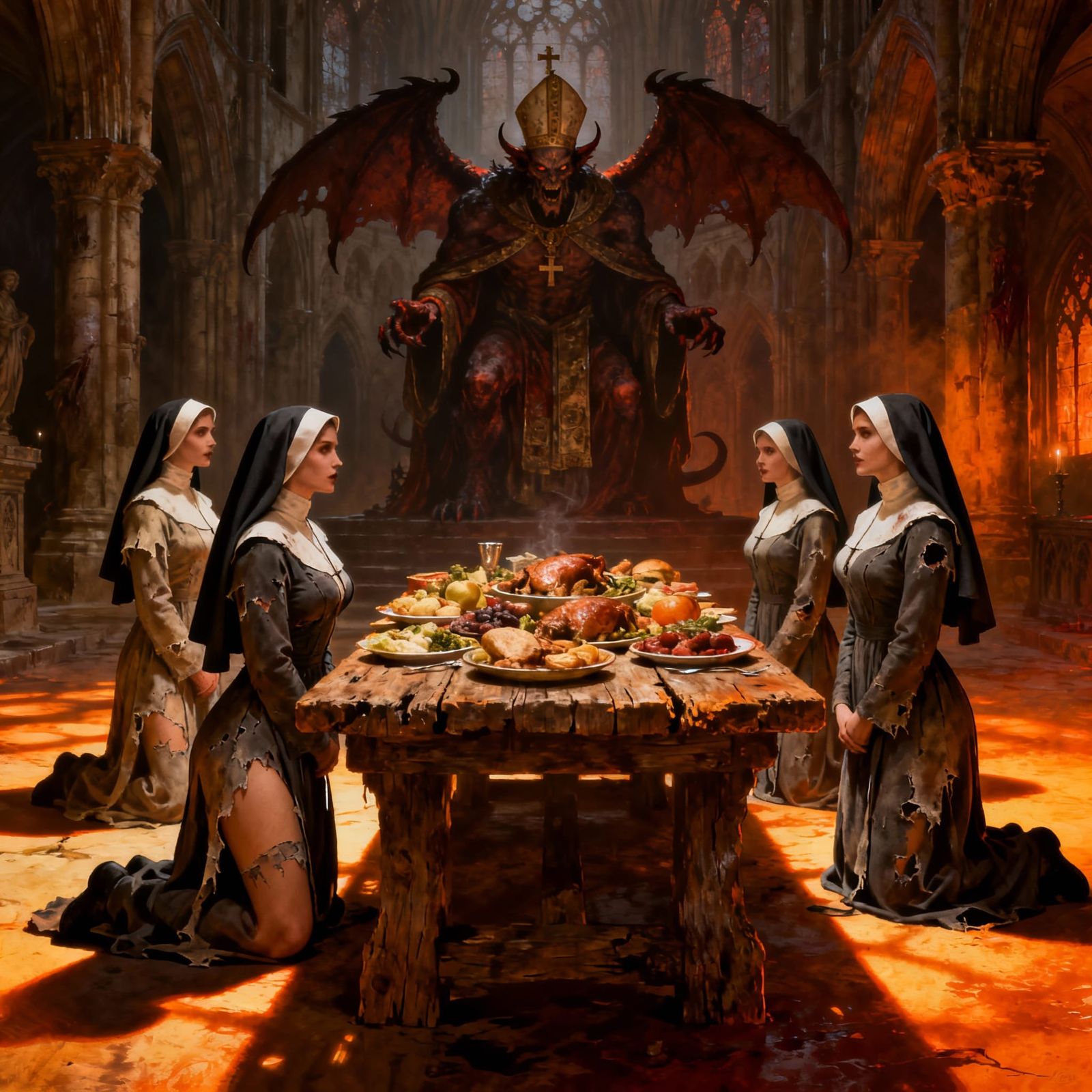 Gothic Temple Scene: Nuns, Demon Pope, and Feast in Dramatic...