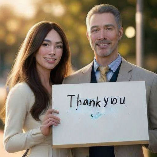 Grateful Couple Holds Thank You Sign with Joyful Smiles