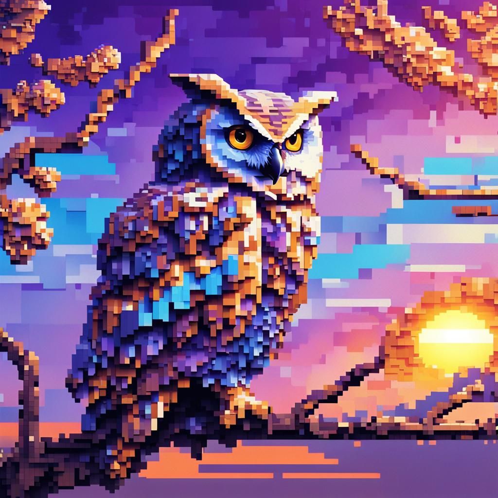Colorful Pixel Art Owl on Branch at Sunset