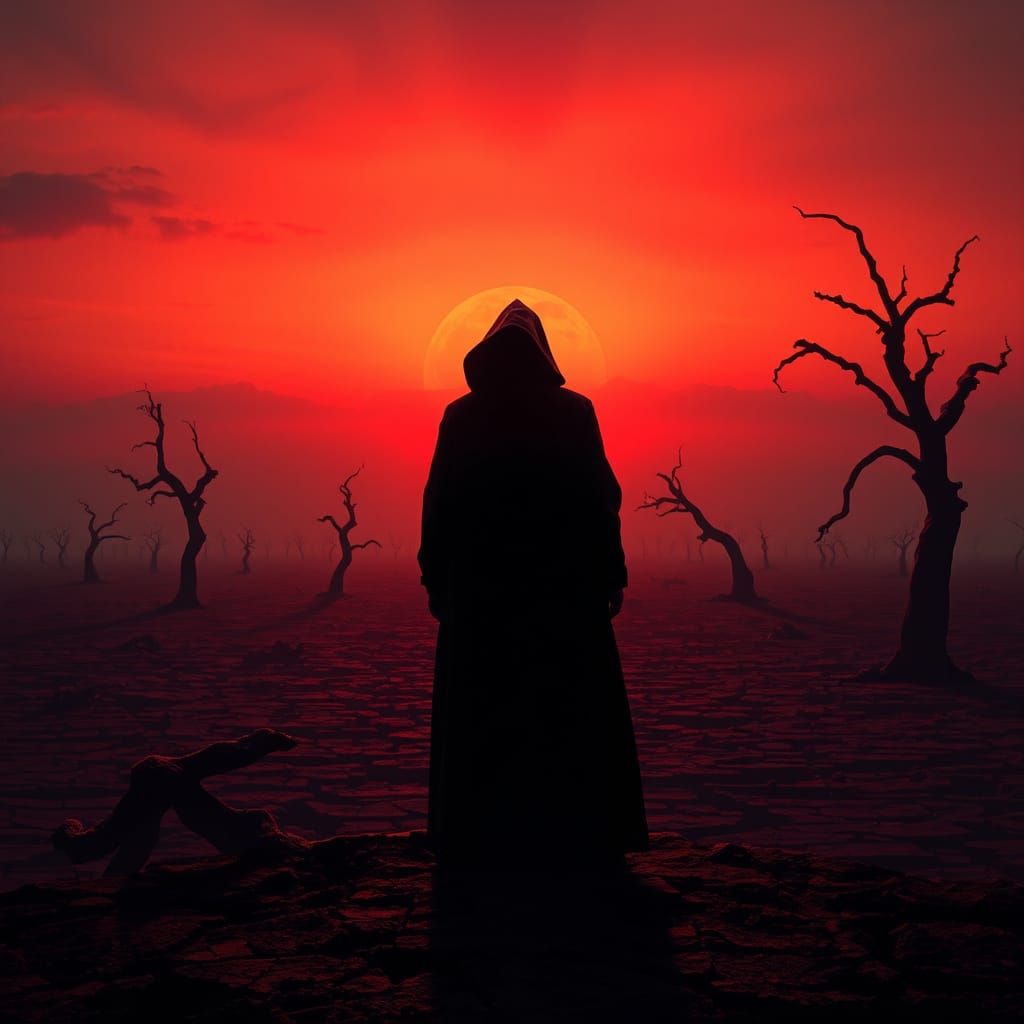 Crimson Sunset Silhouette in Dark Surrealist Style