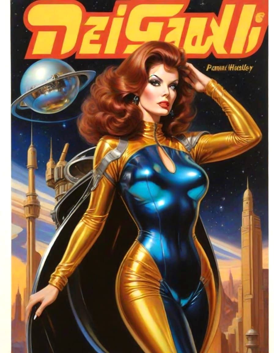 Vintage Futuristic Pin-Up Girl in Metallic Spacesuit