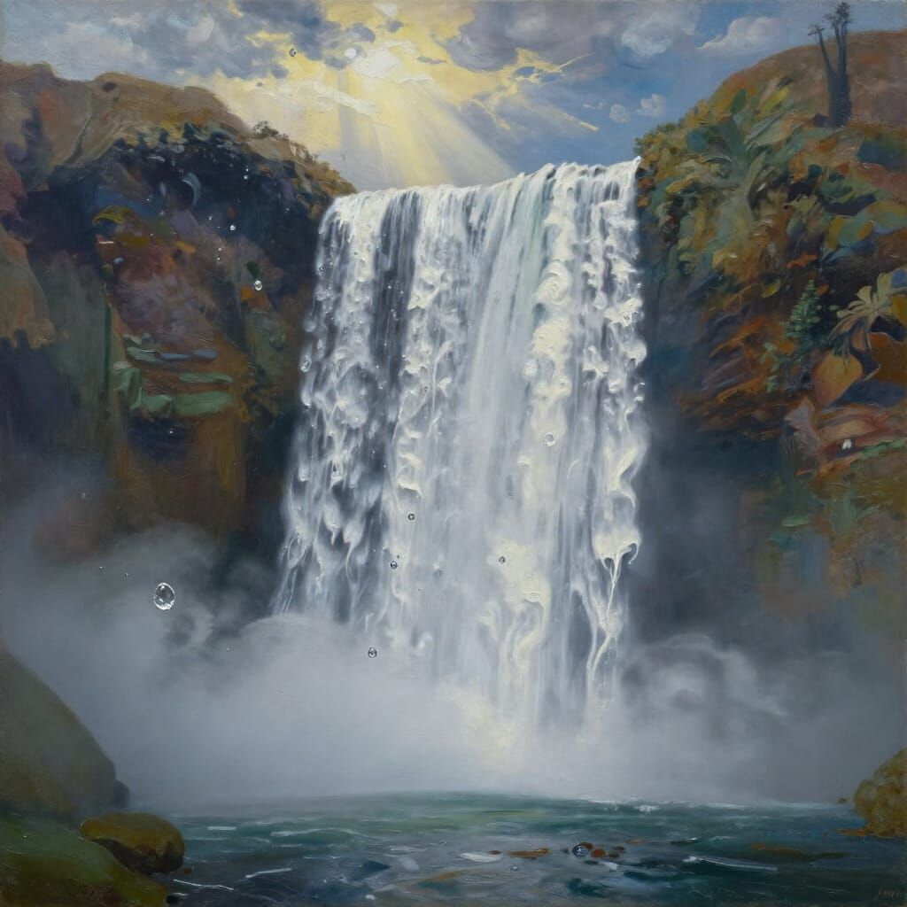 Surreal Upward Waterfall Oil Painting with Dramatic Light