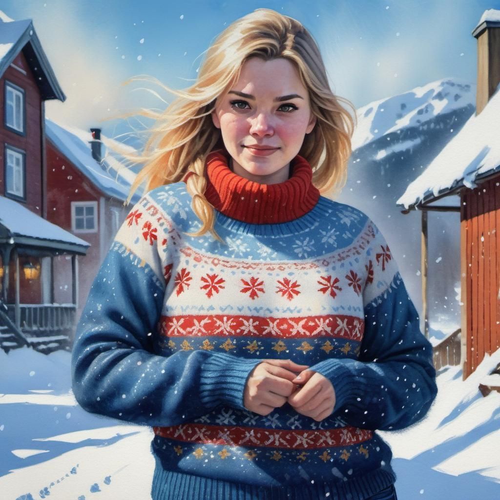 Woman in Snowy Blizzard, Oil and Watercolor Painting