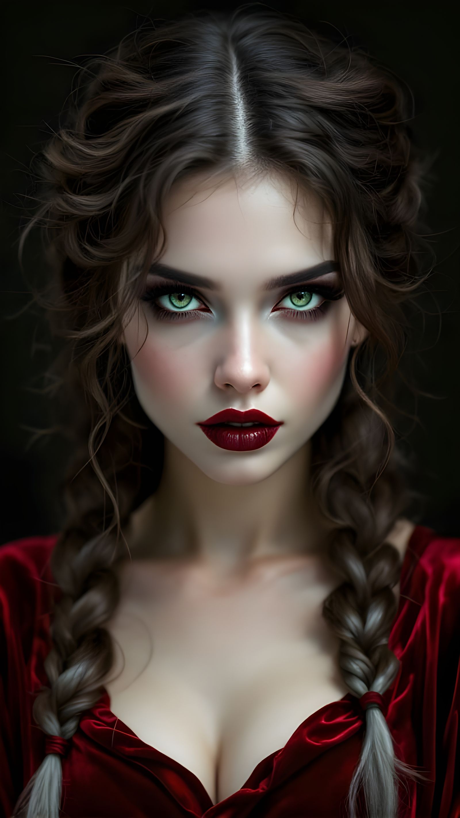 Gothic Portrait of a Woman with Piercing Green Eyes and Dram...