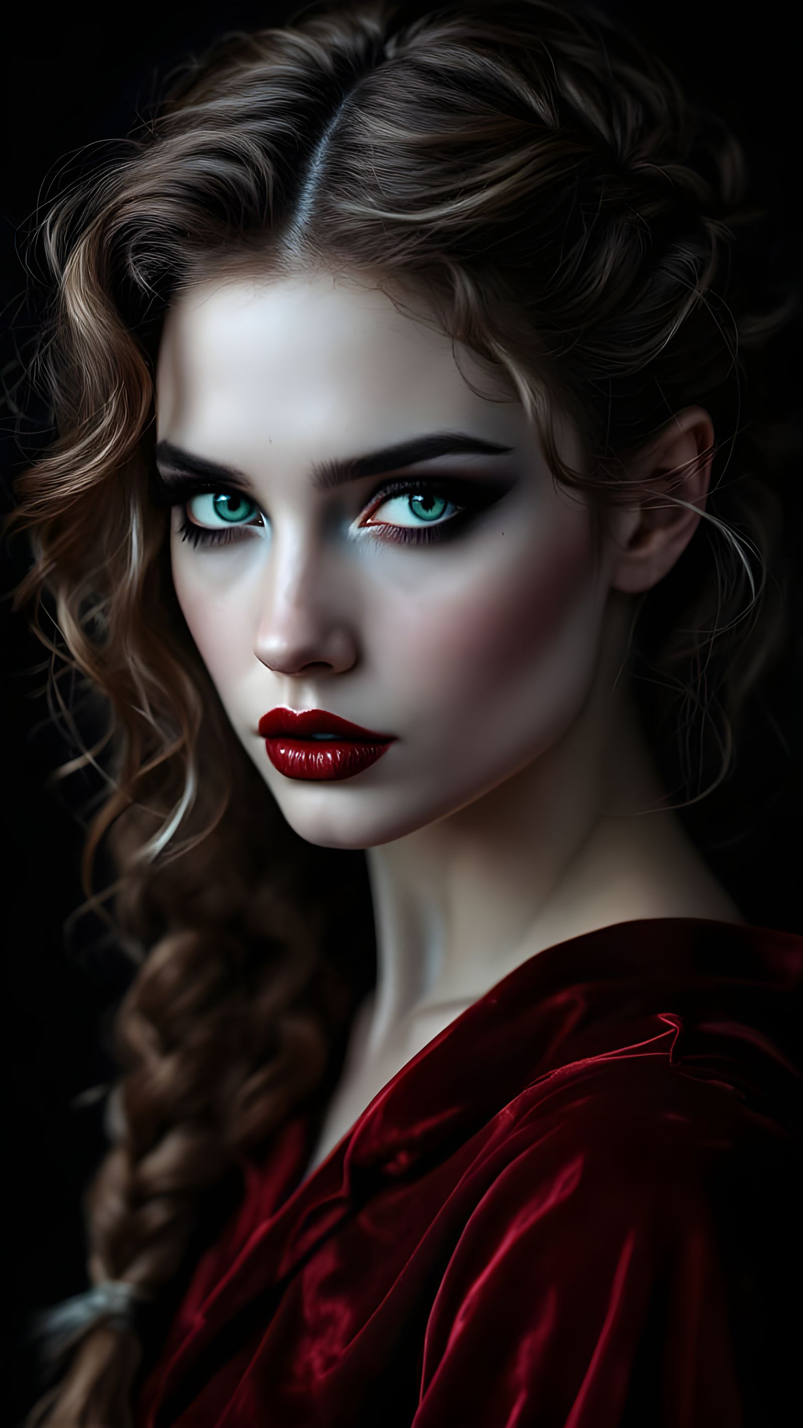 Gothic Portrait of Enchanting Woman with Dark Makeup and Vol...