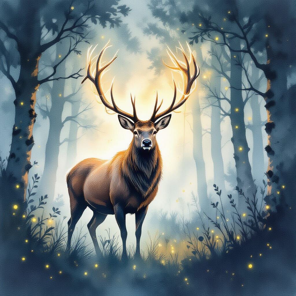 Stag with Glowing Antlers in Wet Watercolor