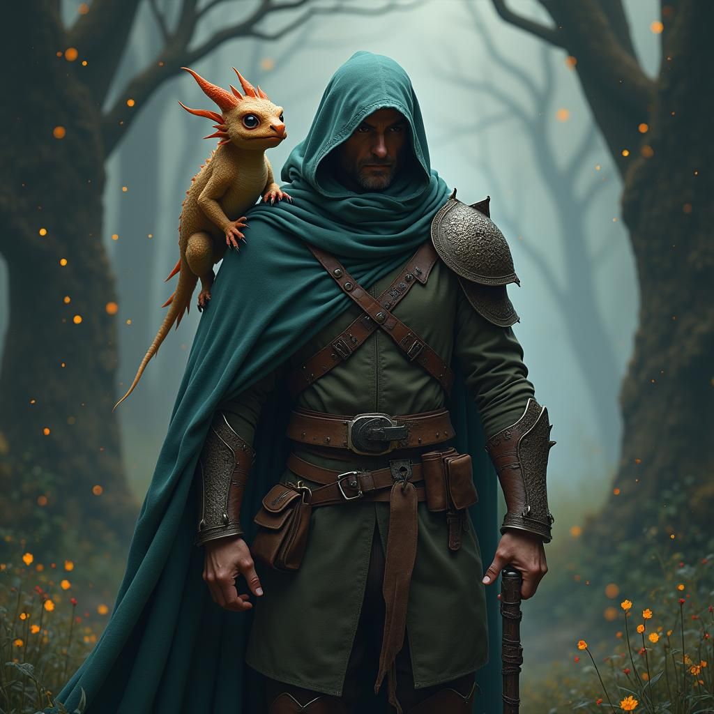 Adventurer with Baby Dragon in Mystical Realm