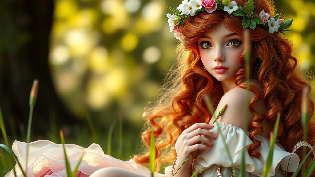Enchanting Red-Haired Princess in Whimsical Fairy Forest
