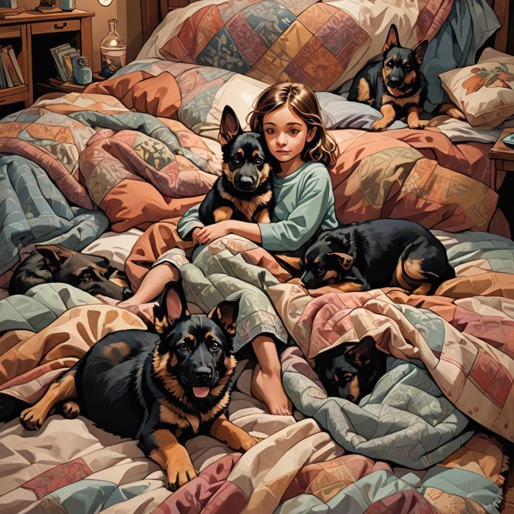 Girl and Puppies in Cozy Comic Book Art