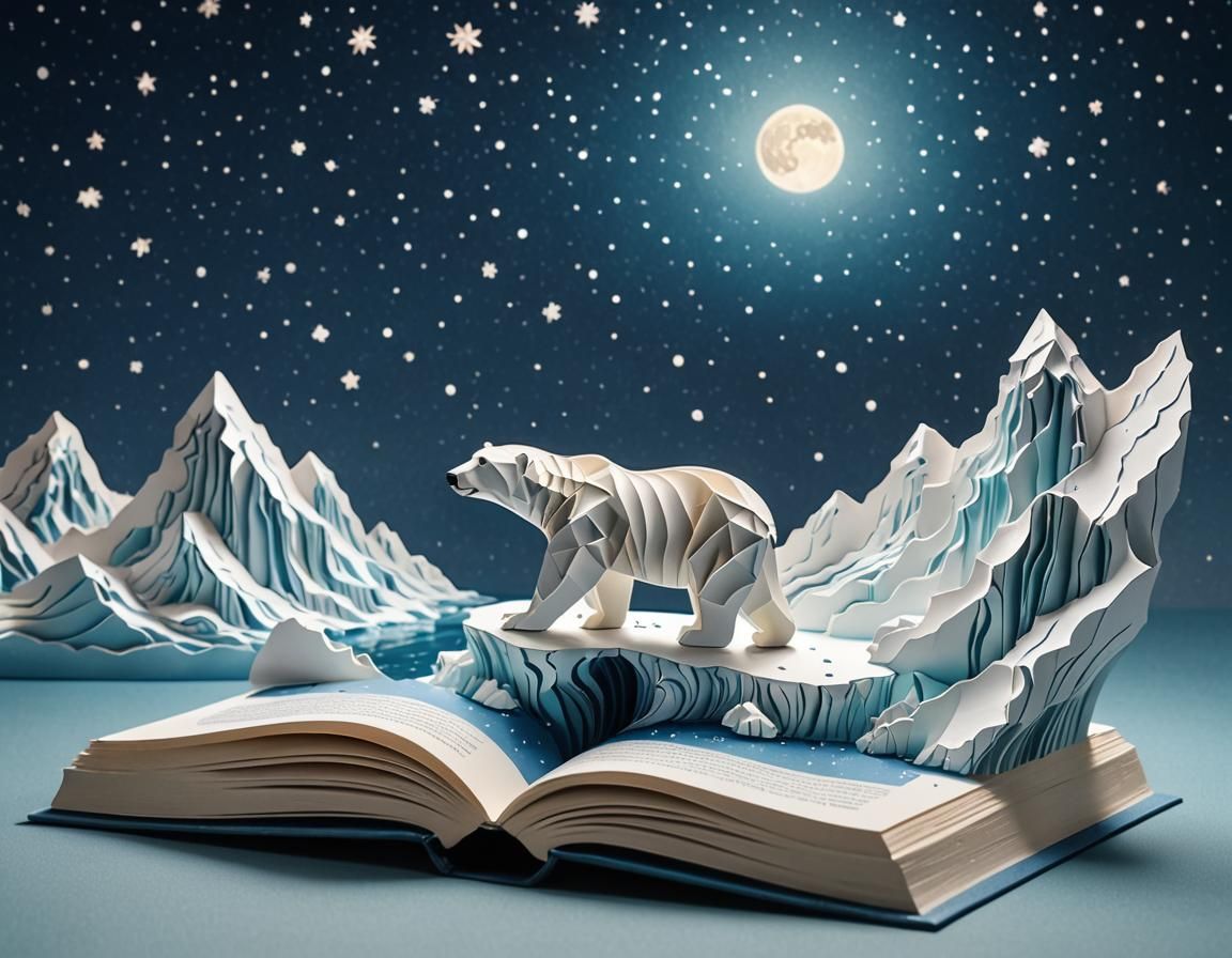 Polar Bear Kirigami Sculpture Under Starry Sky