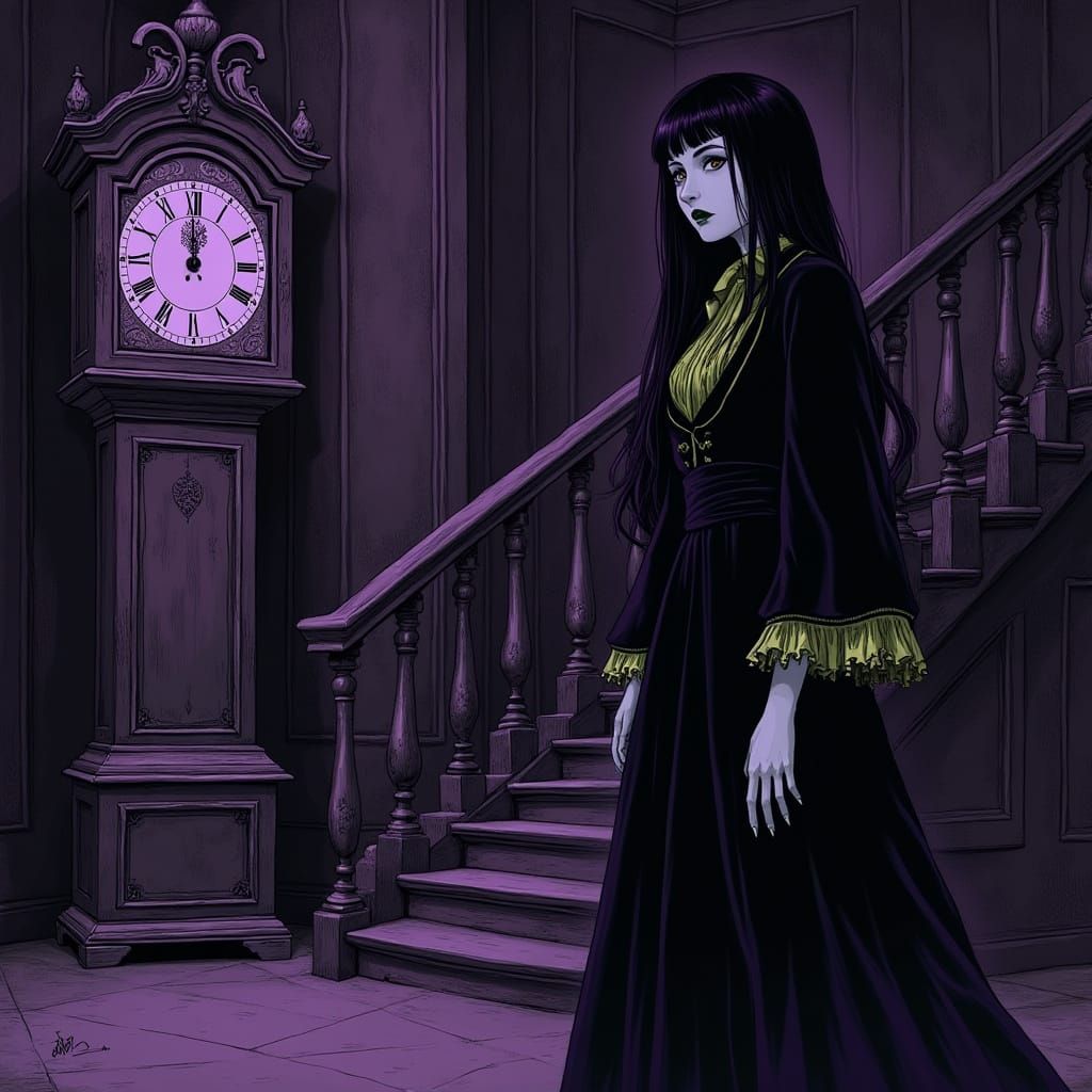 Gothic Woman in Dimly Lit House, Manga Style