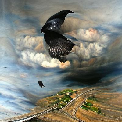 Crow Flying Above Scarecrow in Hyperrealism