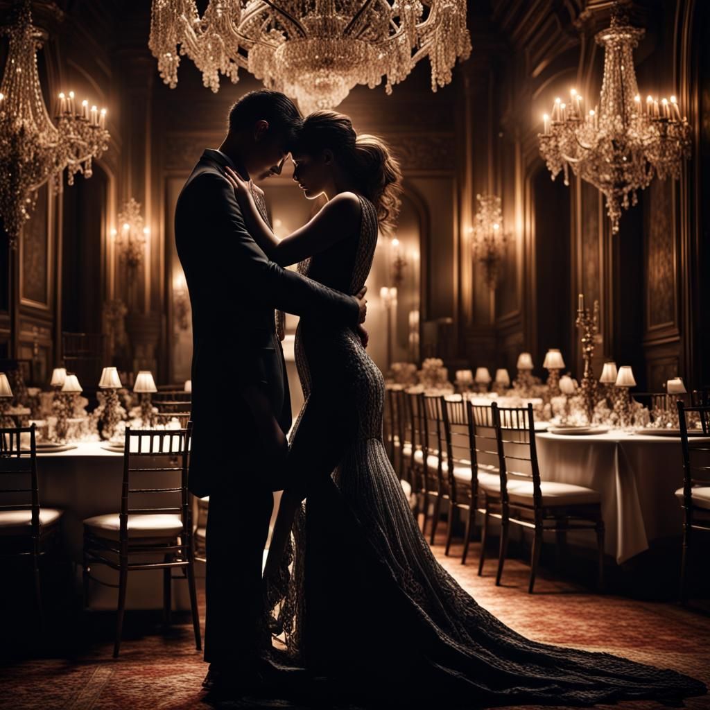 Lovers Embrace at Elegant Party in Silhouette
