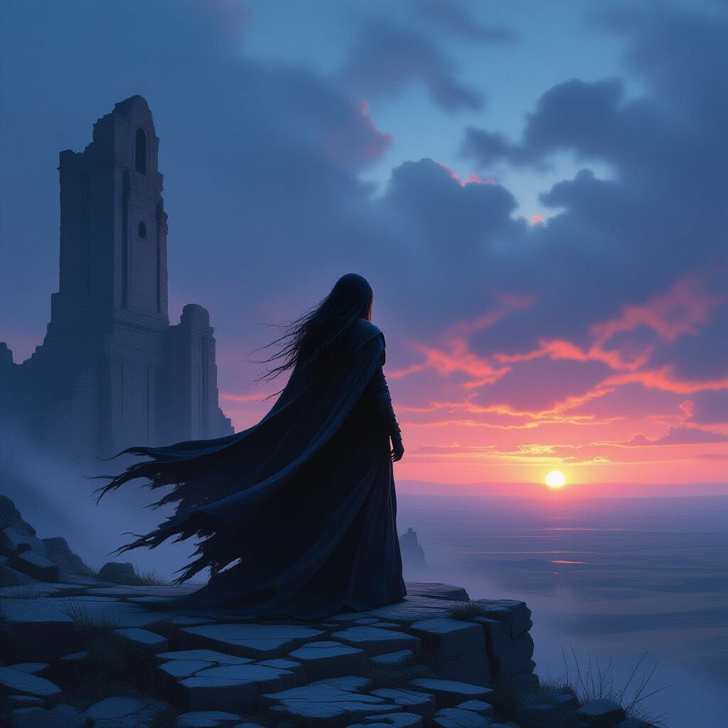 Sorceress on Ruin Overlooking Desolate Plain