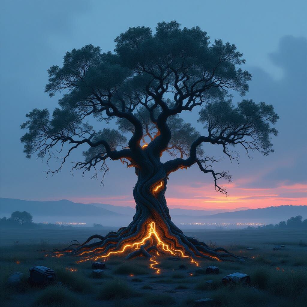Ancient Tree With Bioluminescent Roots Amidst Cybernetic Rui...