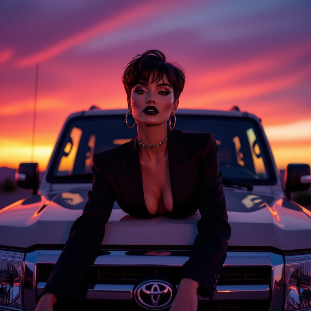 Woman Poses on Land Cruiser at Sunset in Editorial Style