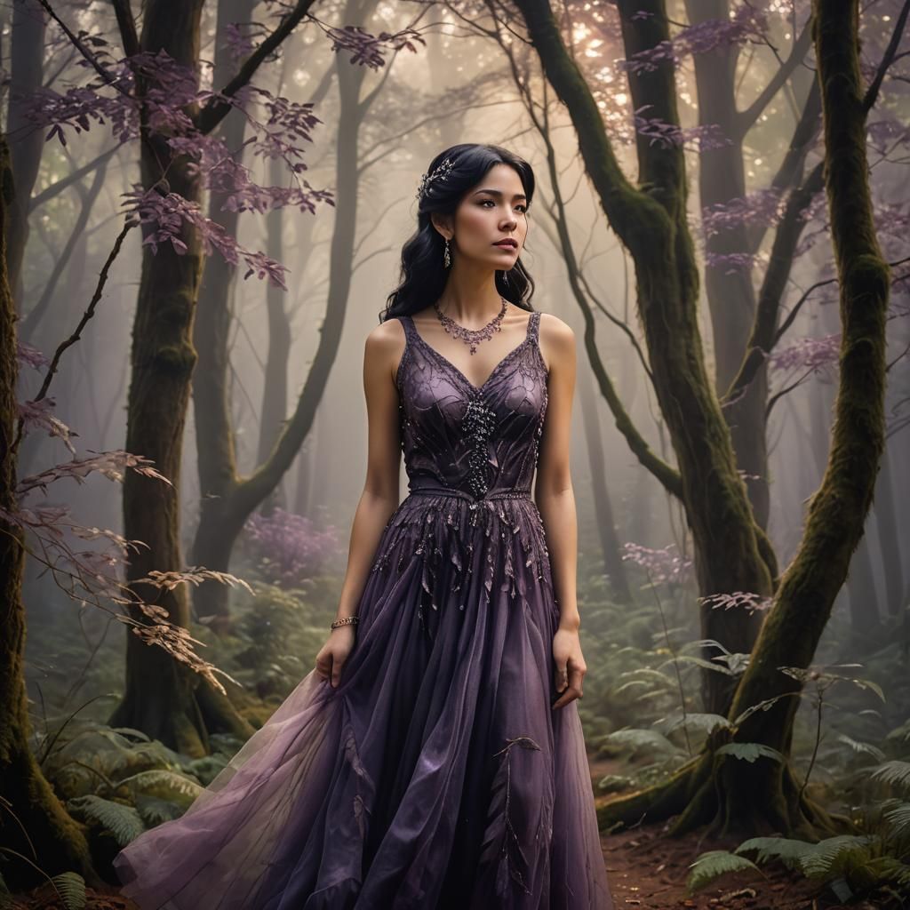 Ethereal Woman in Jeweled Dress Amidst Misty Forest