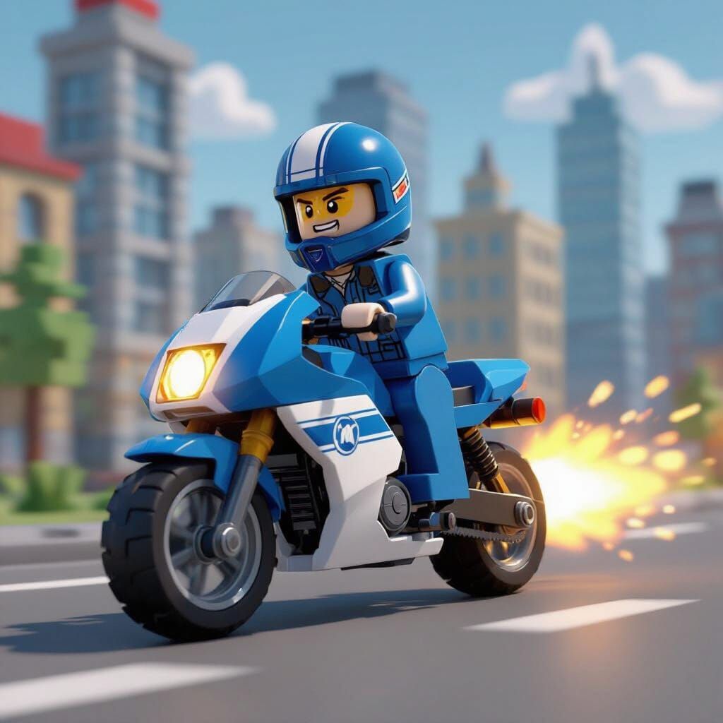 Chase McCain Rides Lego Motorbike in Lego City